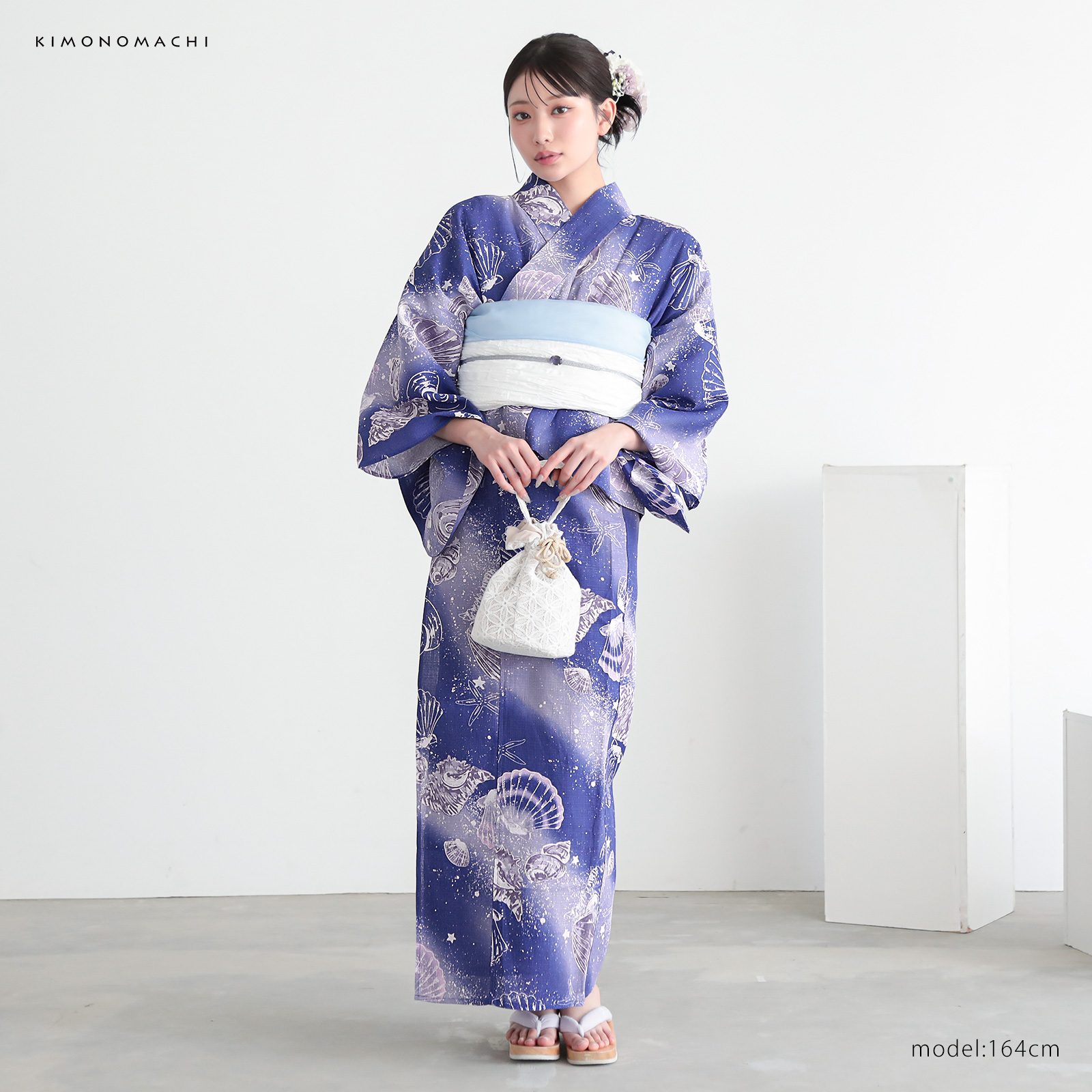 綿レディース二部式浴衣：05貝殻　マリンブルー