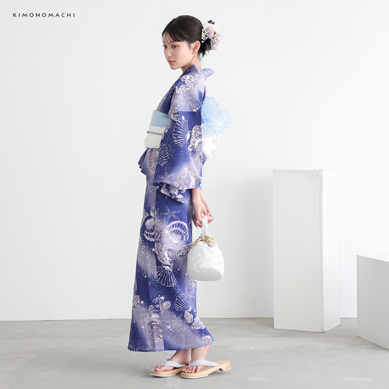 綿レディース二部式浴衣：05貝殻　マリンブルー