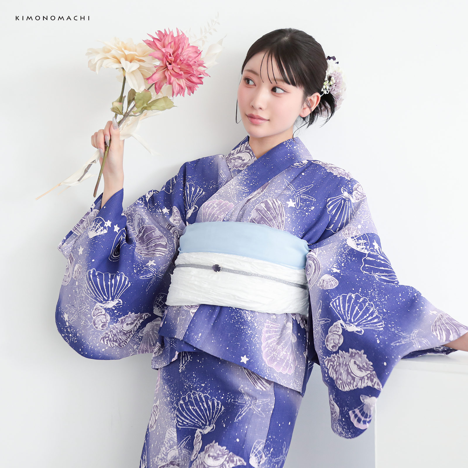 綿レディース二部式浴衣：05貝殻　マリンブルー