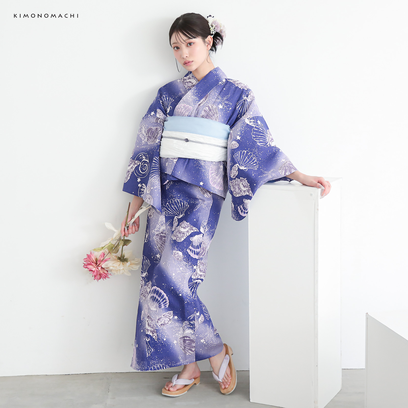 綿レディース二部式浴衣：05貝殻　マリンブルー