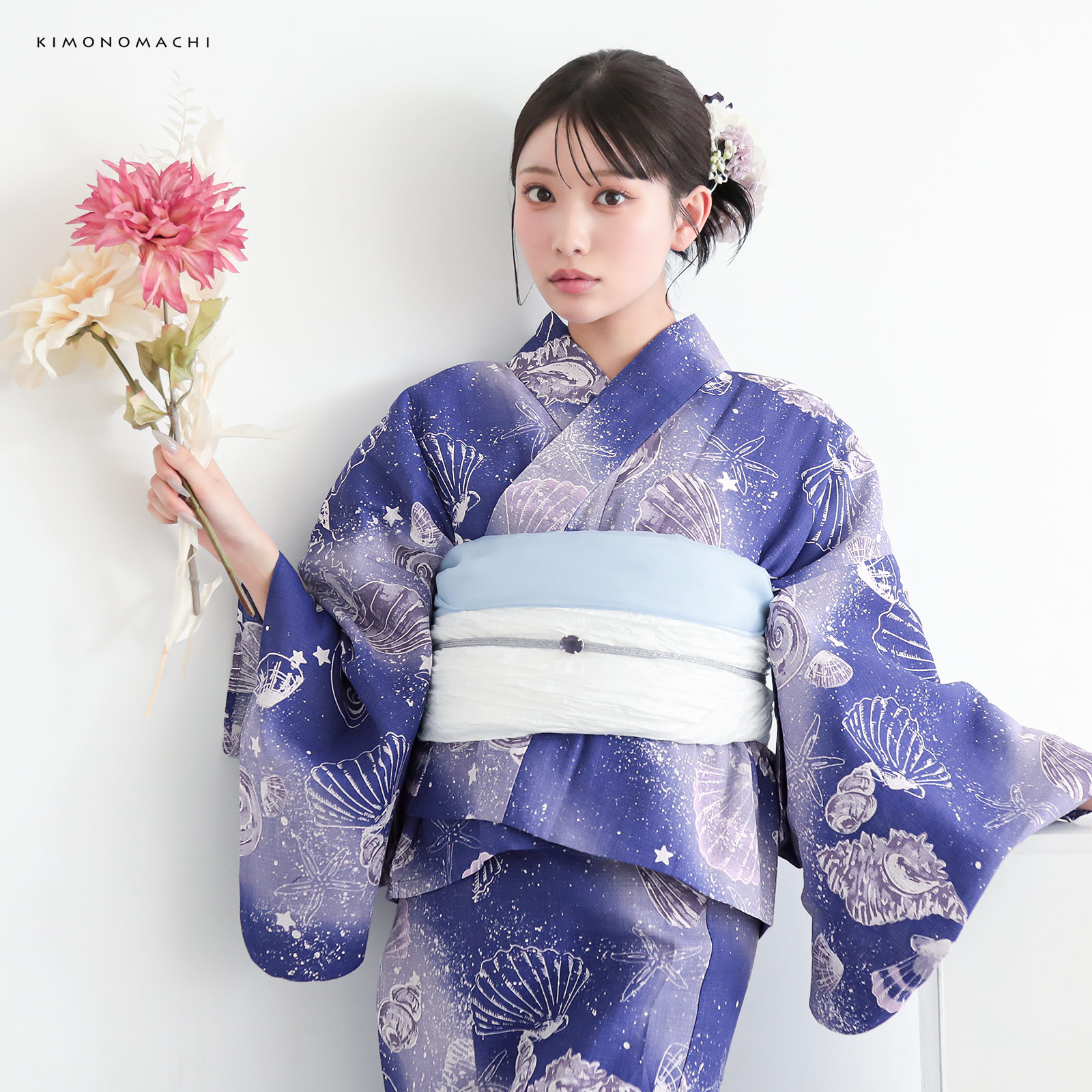 綿レディース二部式浴衣：05貝殻　マリンブルー