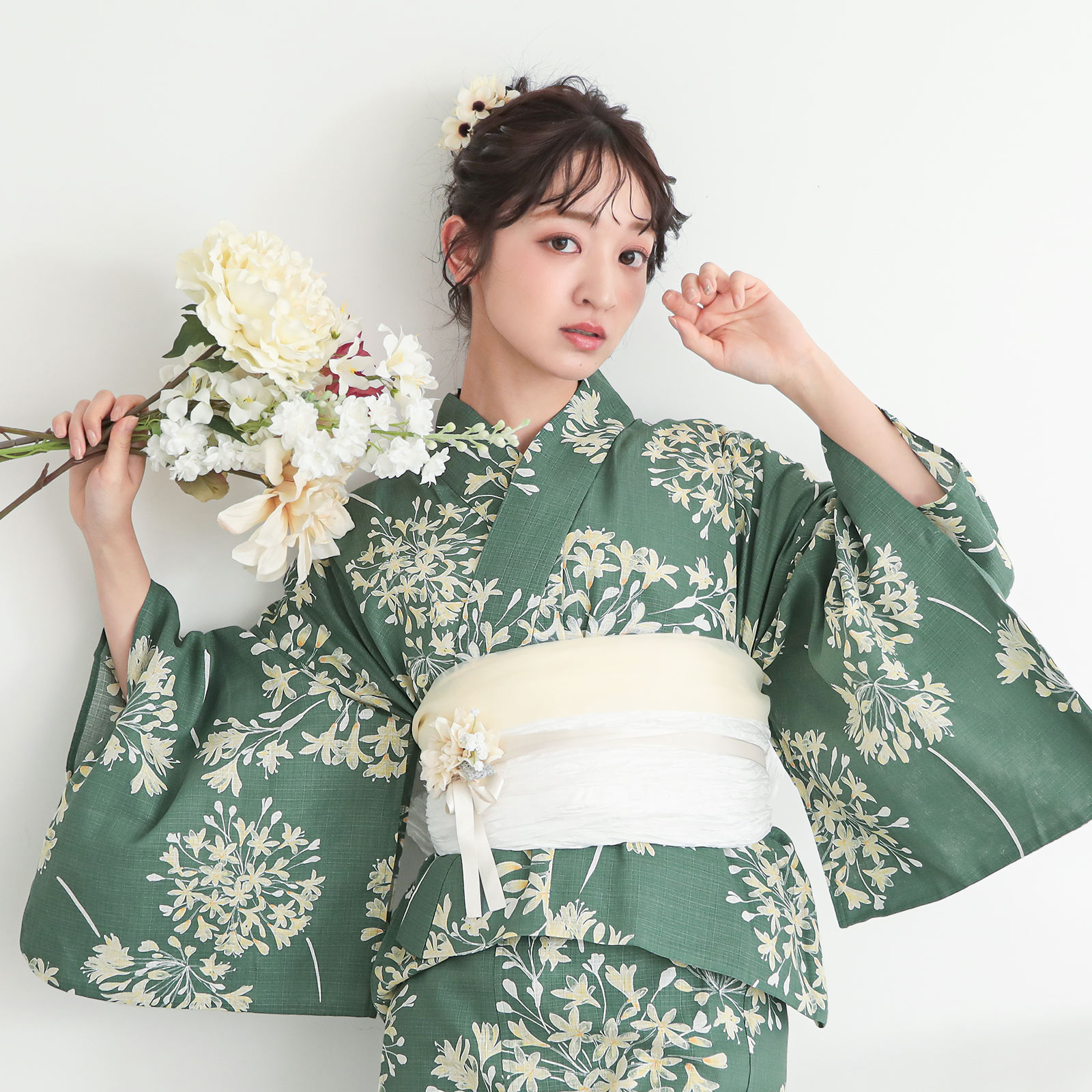 綿レディース二部式浴衣：06アガパンサス　アンティークグリーン