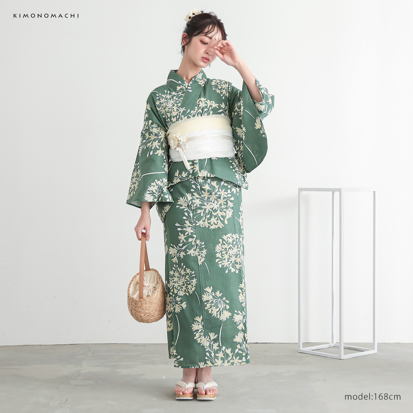 綿レディース二部式浴衣：06アガパンサス　アンティークグリーン