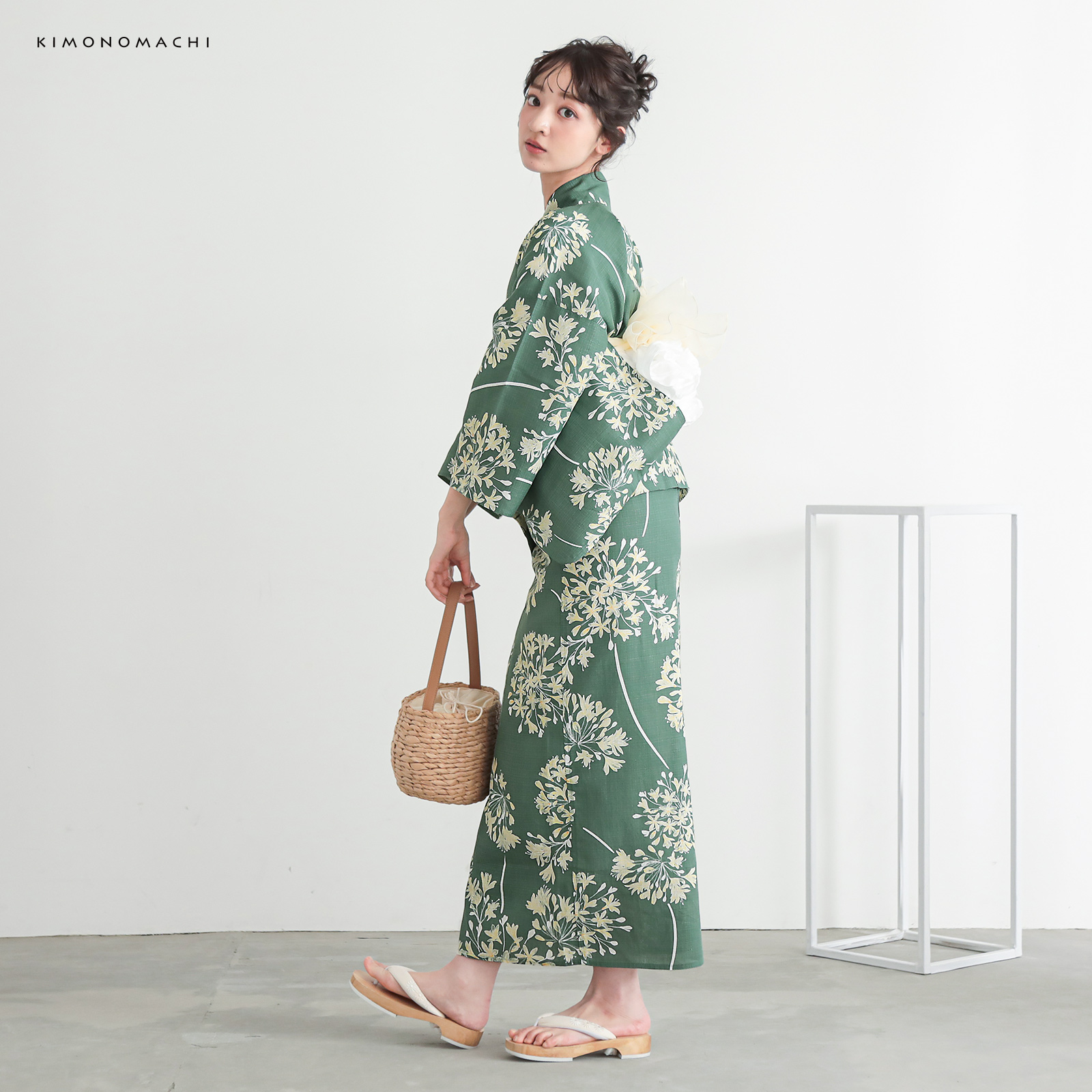 綿レディース二部式浴衣：06アガパンサス　アンティークグリーン