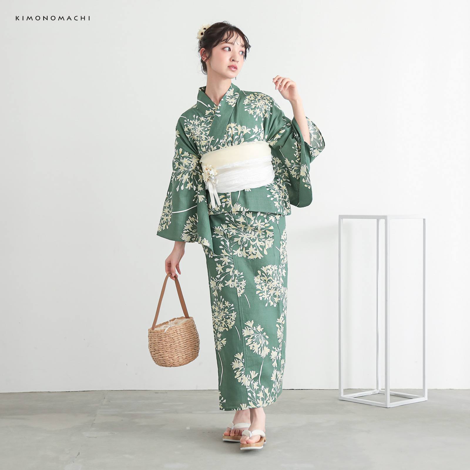 綿レディース二部式浴衣：06アガパンサス　アンティークグリーン