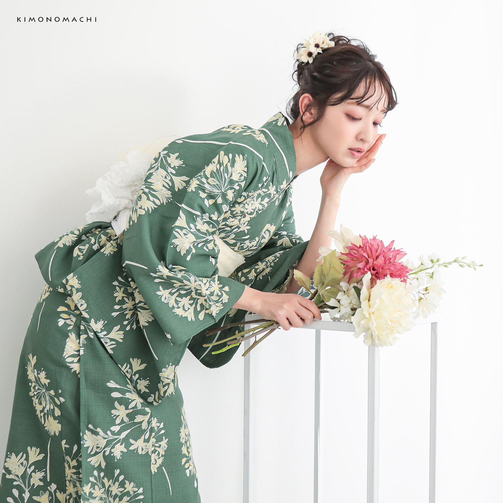 綿レディース二部式浴衣：06アガパンサス　アンティークグリーン