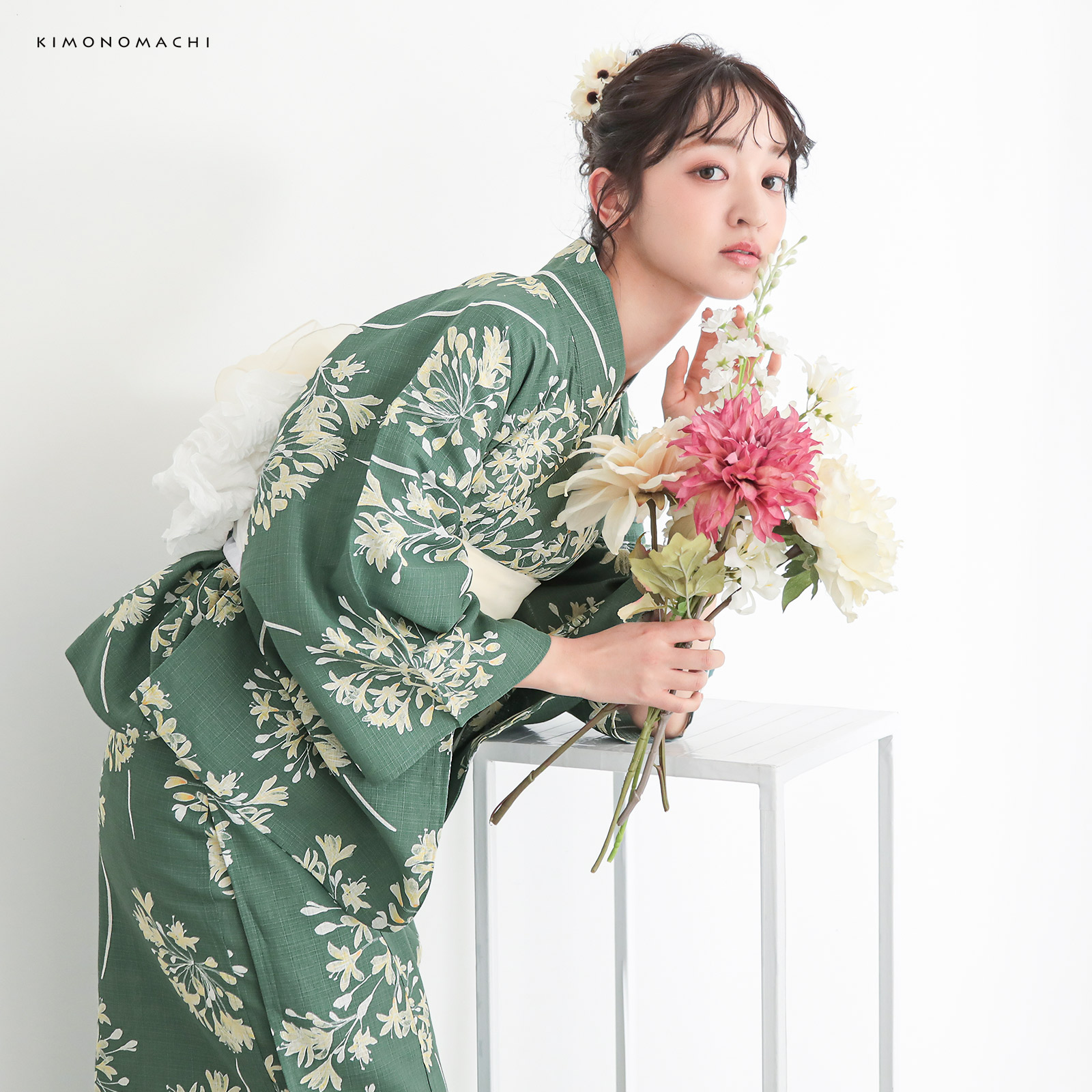 綿レディース二部式浴衣：06アガパンサス　アンティークグリーン