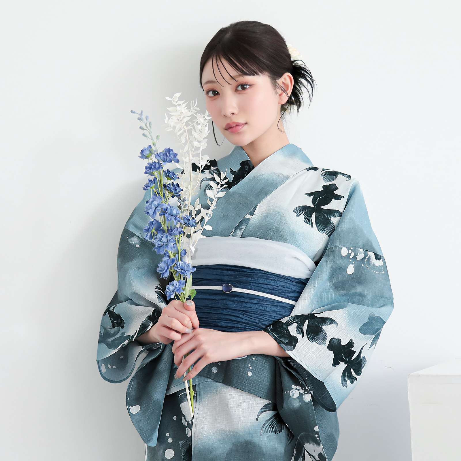 綿レディース二部式浴衣：07ゆらぎ金魚　ブルーグレー