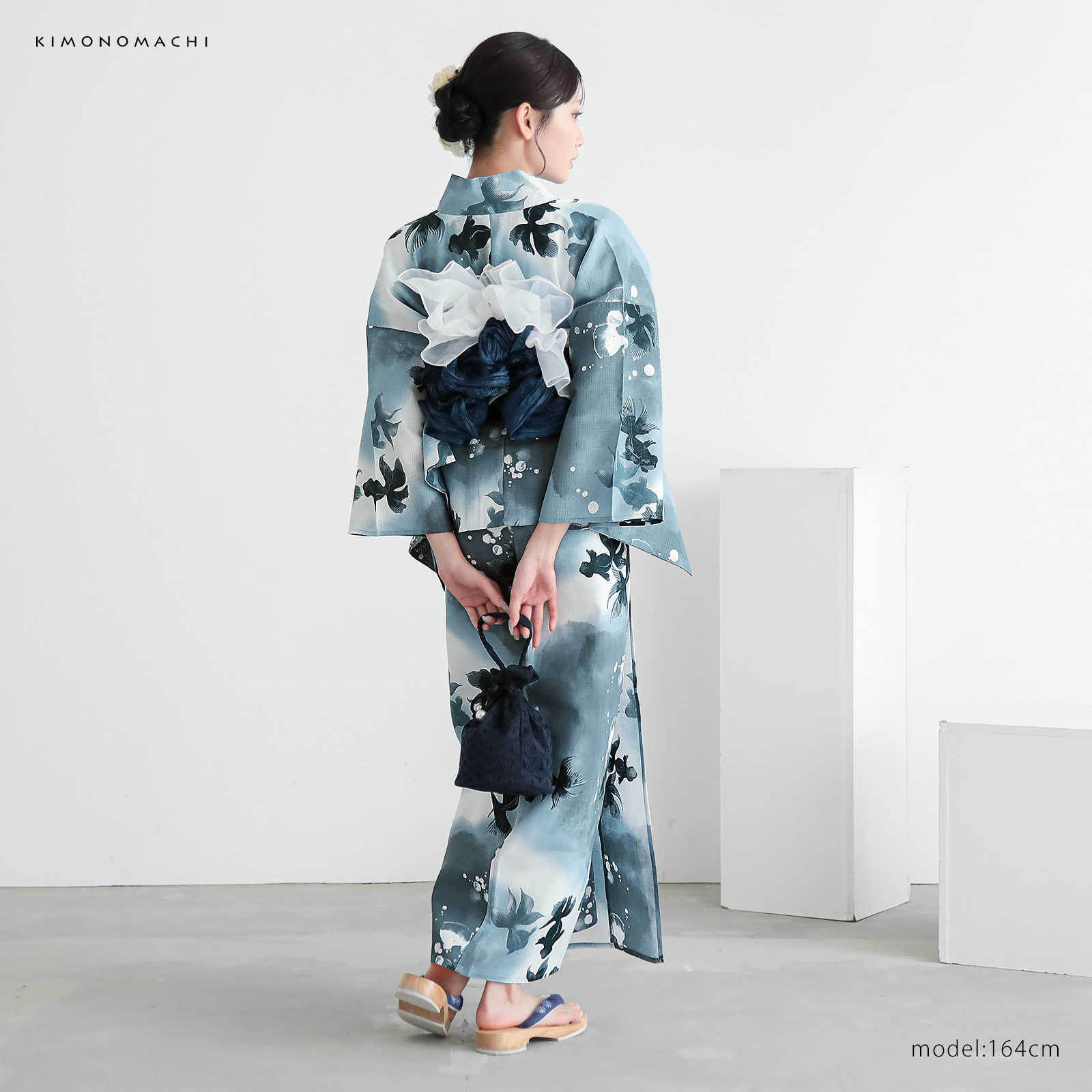 綿レディース二部式浴衣：07ゆらぎ金魚　ブルーグレー