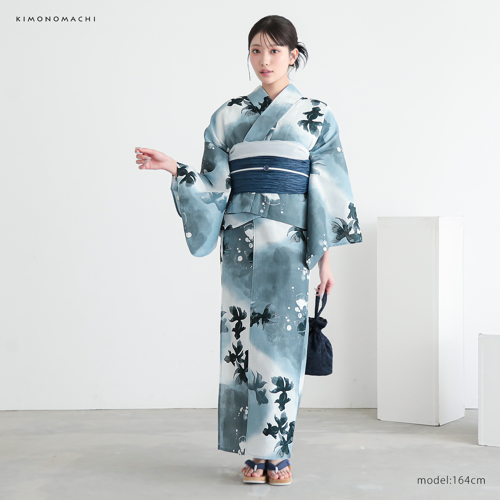 綿レディース二部式浴衣：07ゆらぎ金魚　ブルーグレー