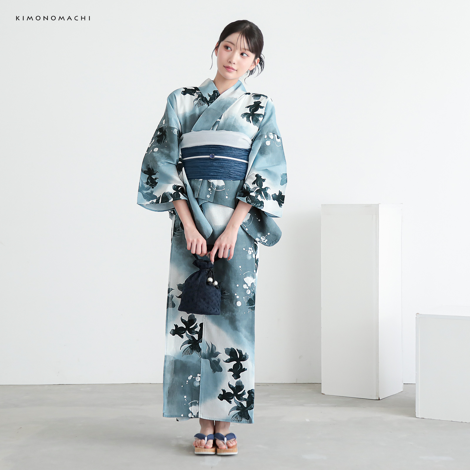 綿レディース二部式浴衣：07ゆらぎ金魚　ブルーグレー