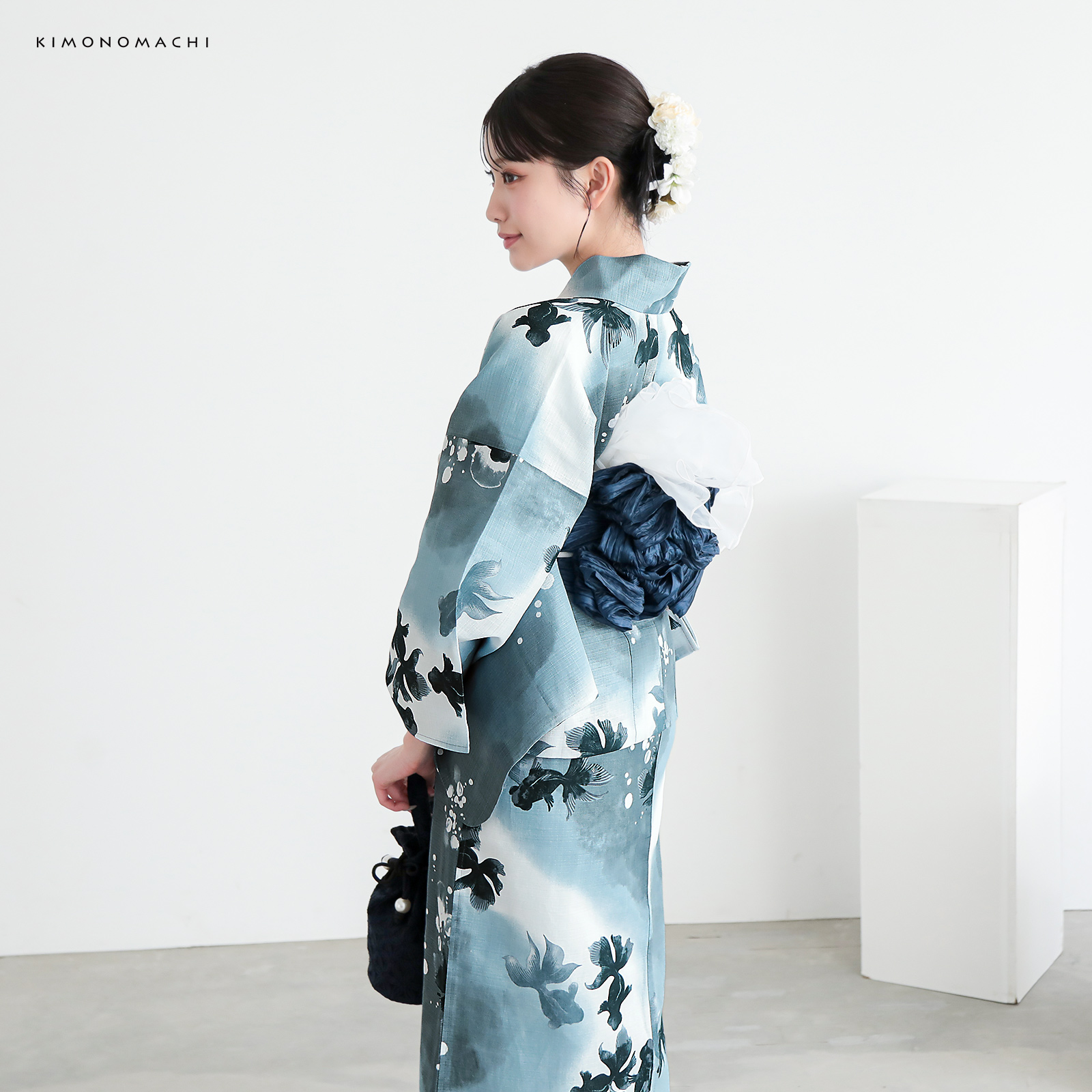 綿レディース二部式浴衣：07ゆらぎ金魚　ブルーグレー