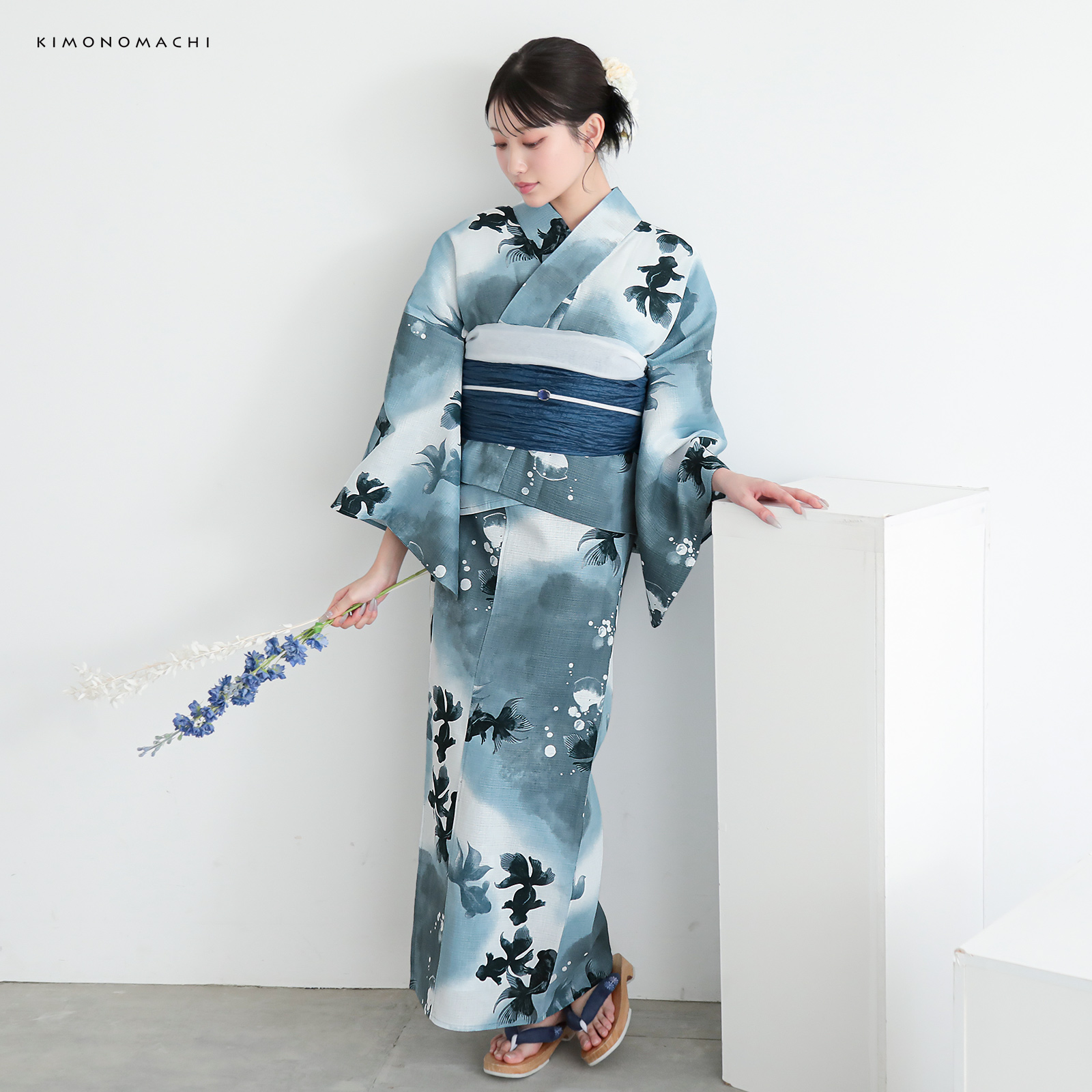 綿レディース二部式浴衣：07ゆらぎ金魚　ブルーグレー