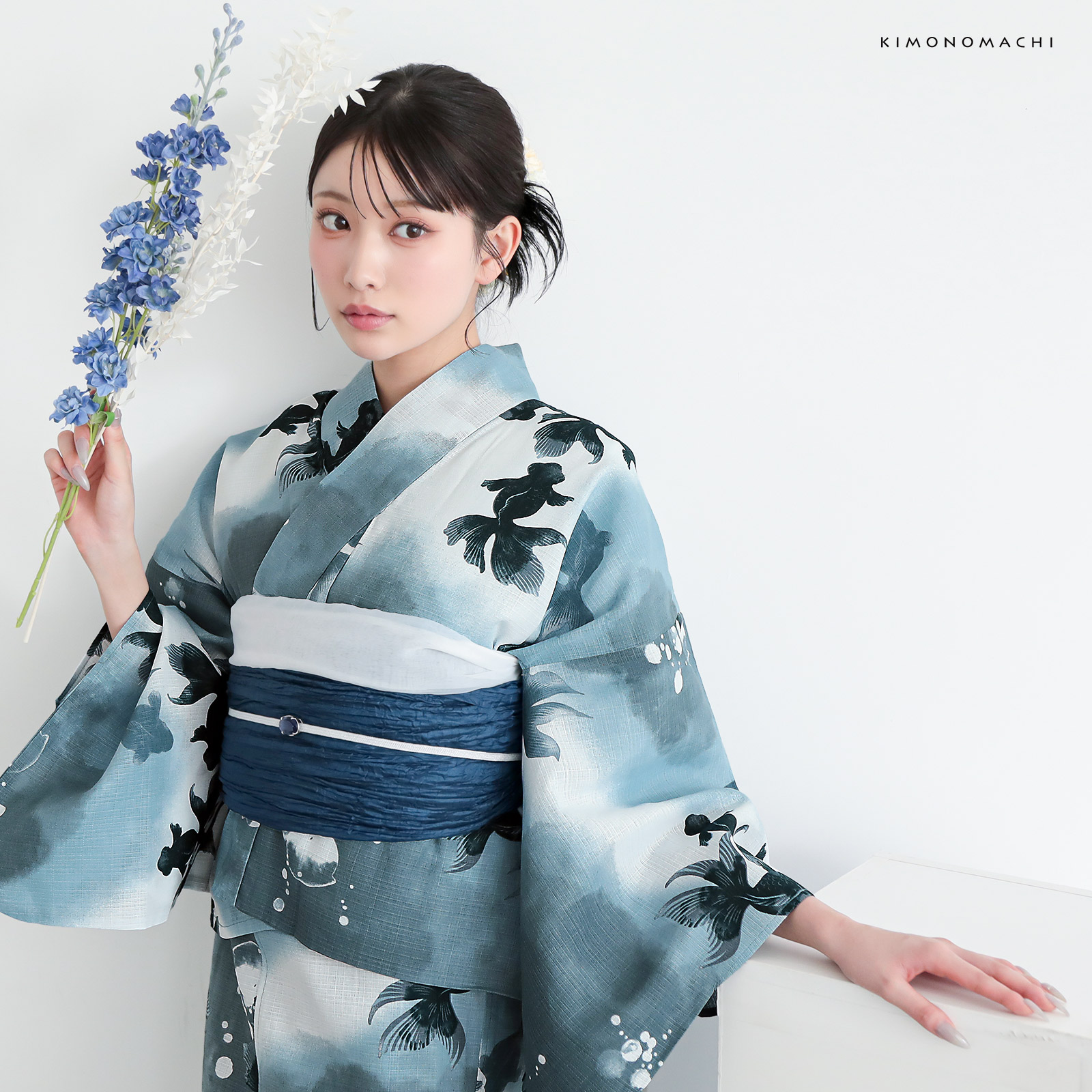 綿レディース二部式浴衣：07ゆらぎ金魚　ブルーグレー