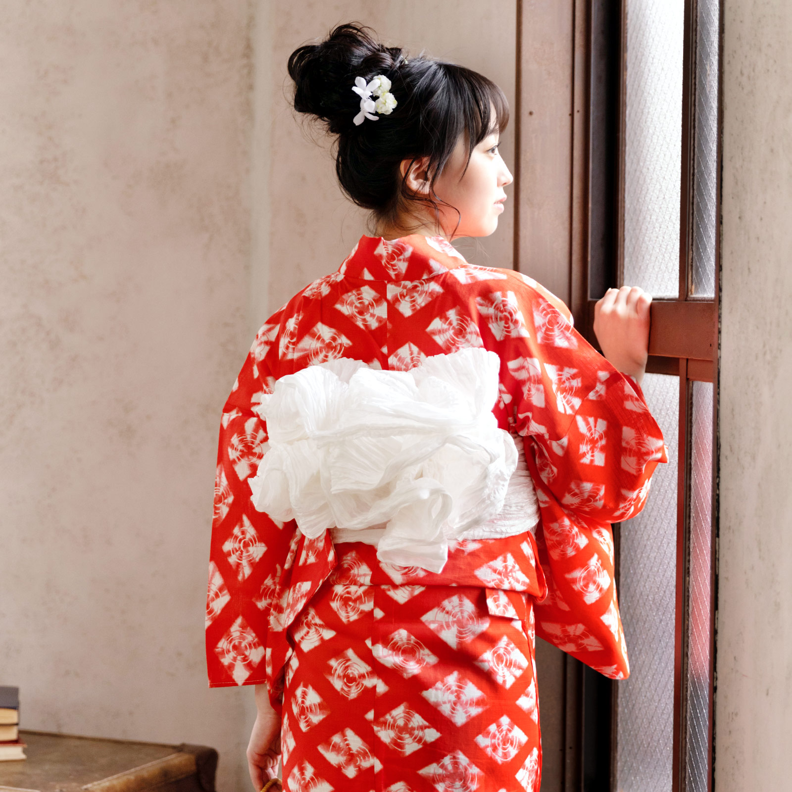 05赤色に菱形 絞り風set