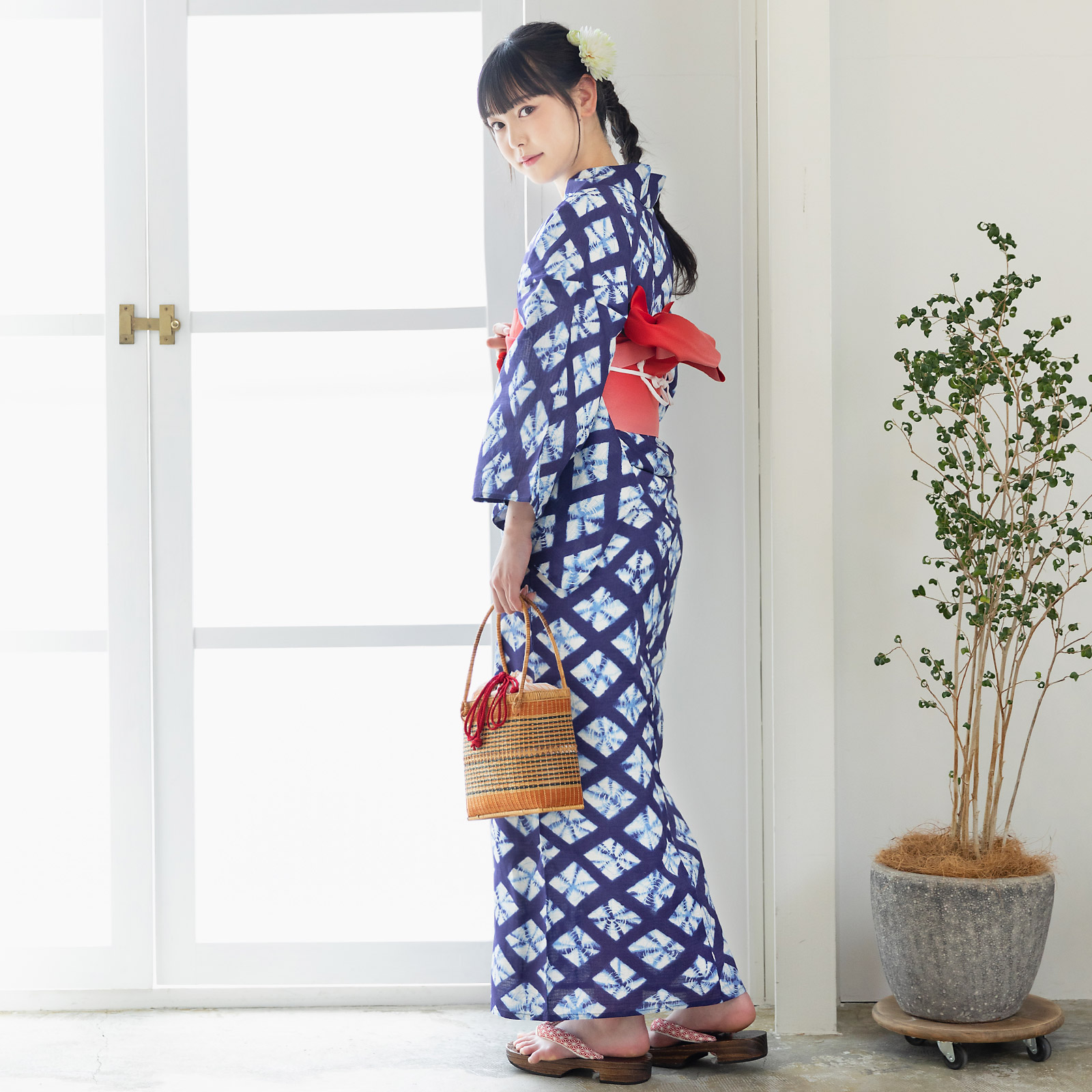 04紺色に菱形 絞り風set