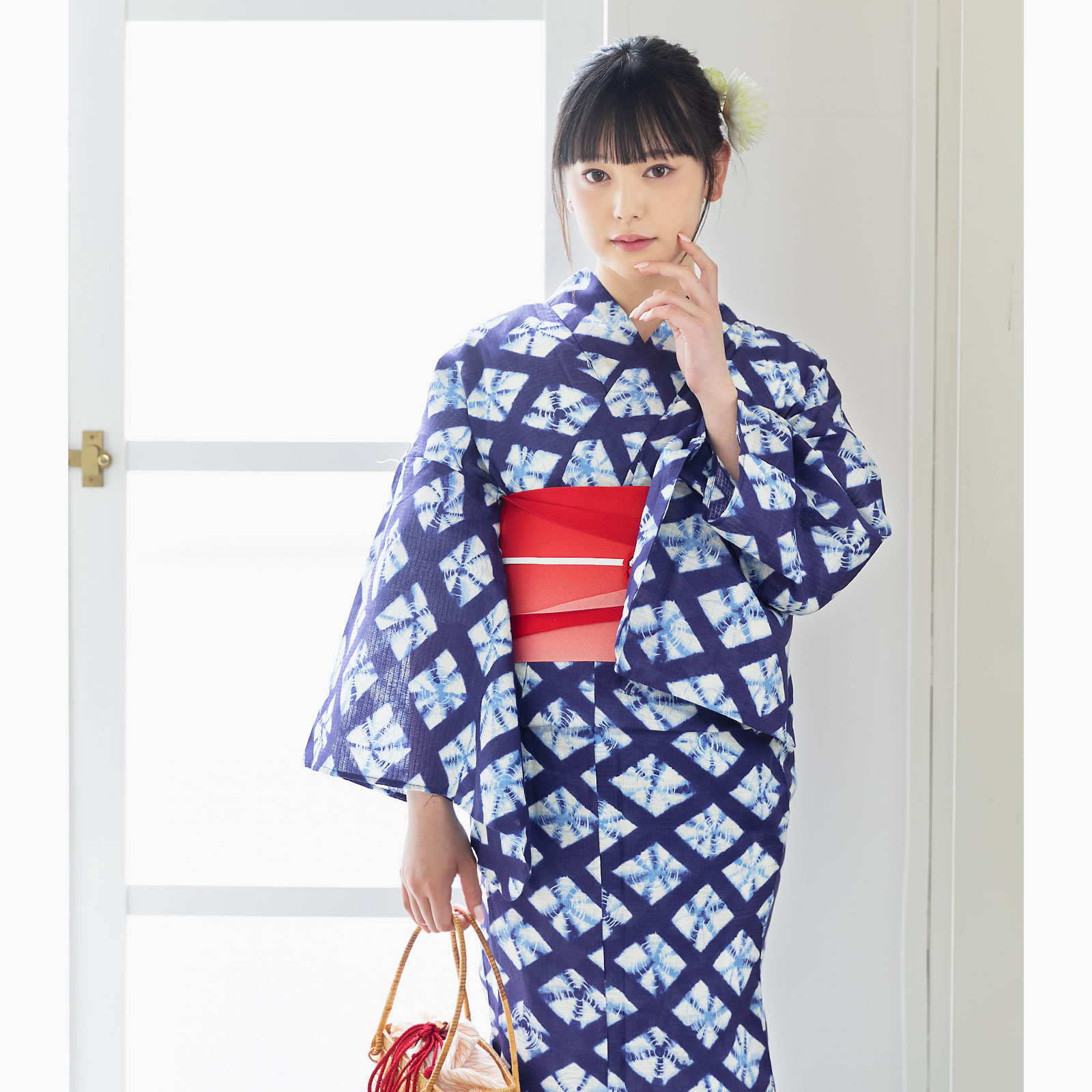 04紺色に菱形 絞り風set