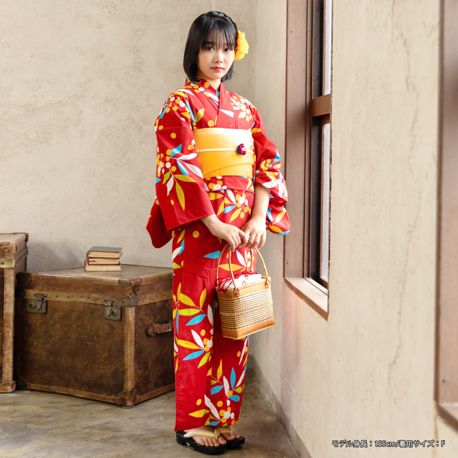 浴衣セット：01赤色 南天 ／ レディース浴衣と帯の2点セット