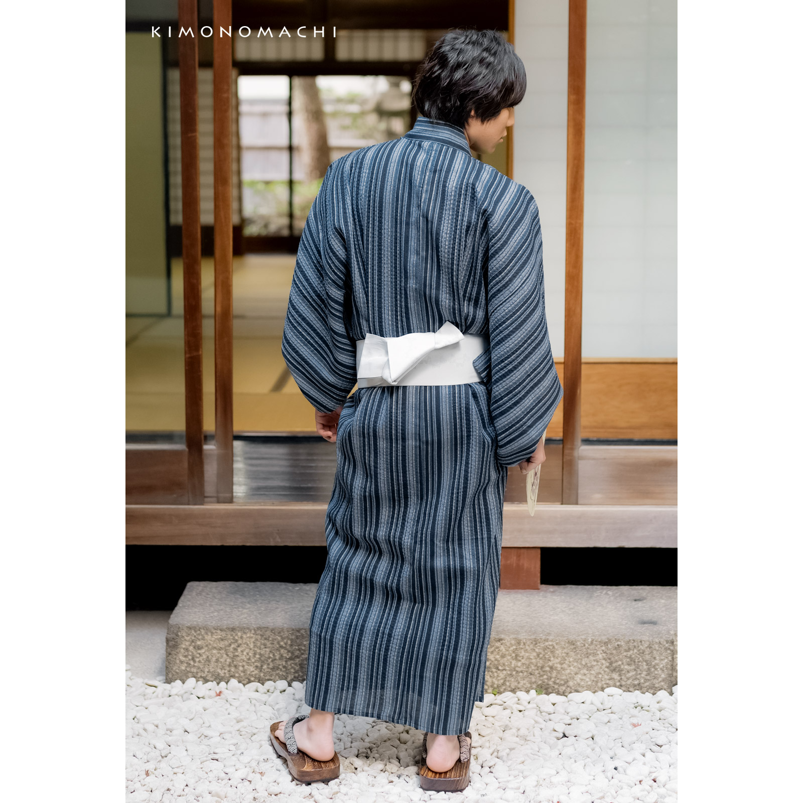 リサイクル糸使用男性浴衣：紺　変わりかつお縞