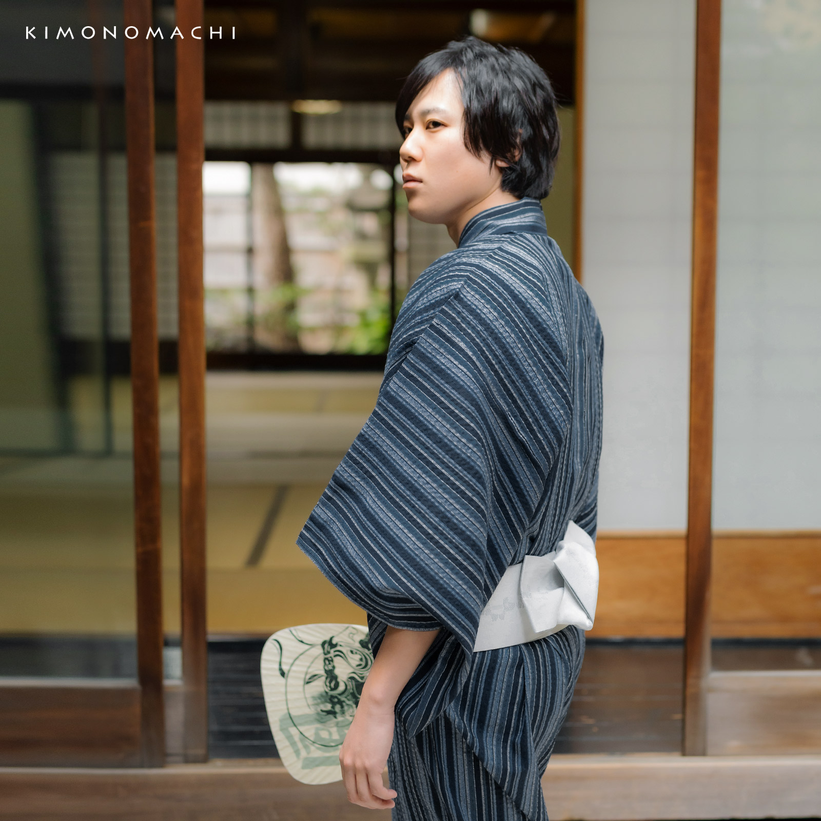 リサイクル糸使用男性浴衣：紺　変わりかつお縞