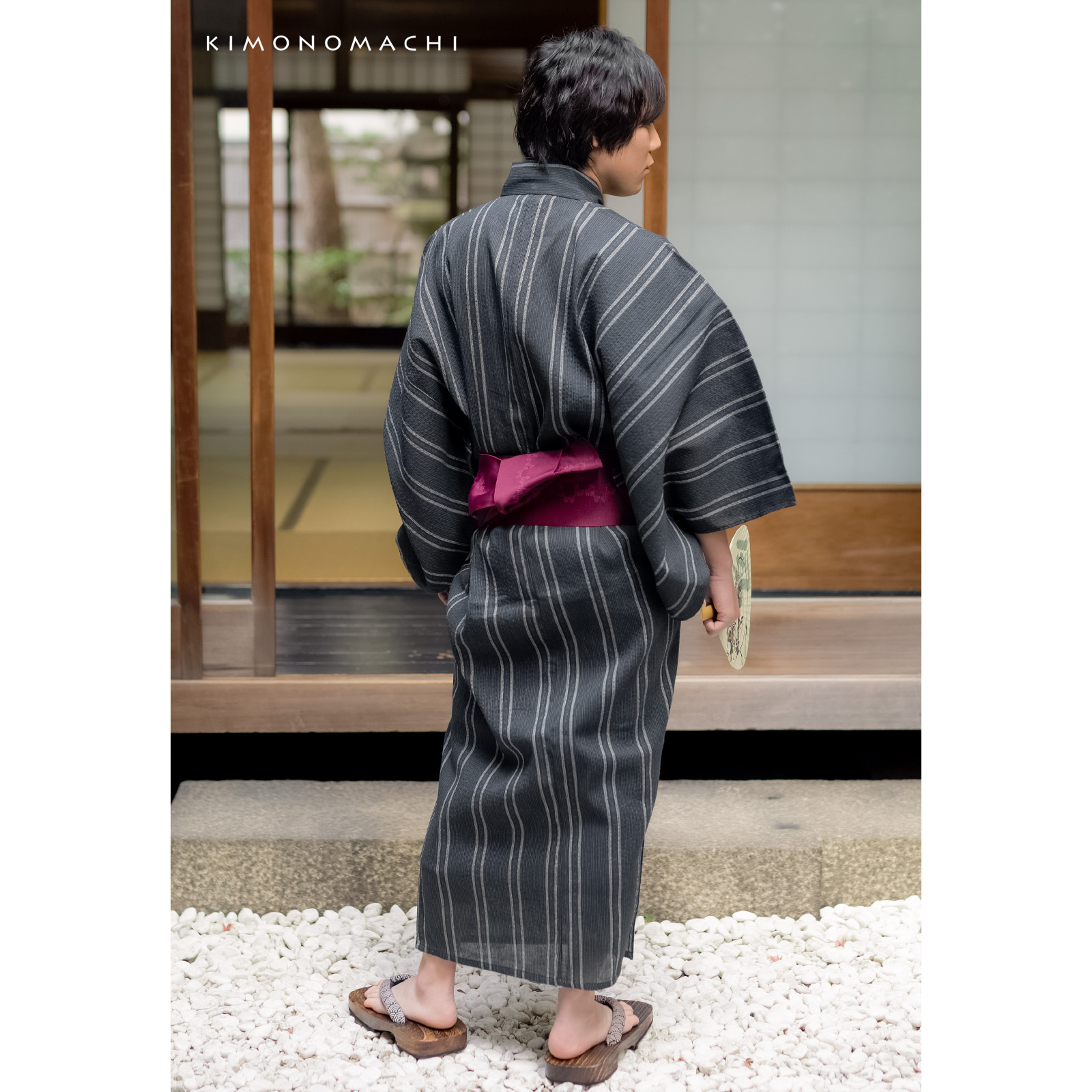 リサイクル糸使用男性浴衣：黒地灰白　金通縞