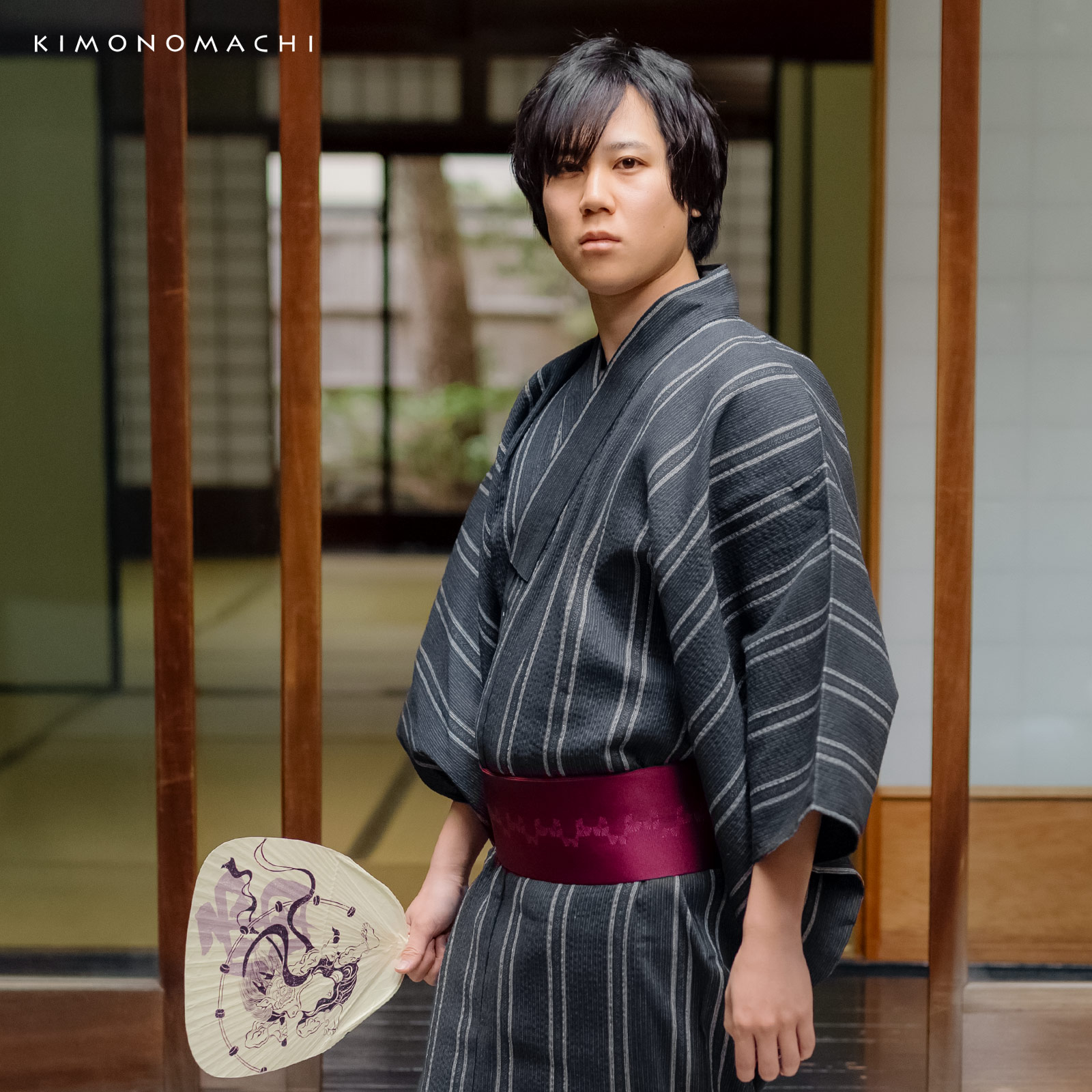 リサイクル糸使用男性浴衣：黒地灰白　金通縞