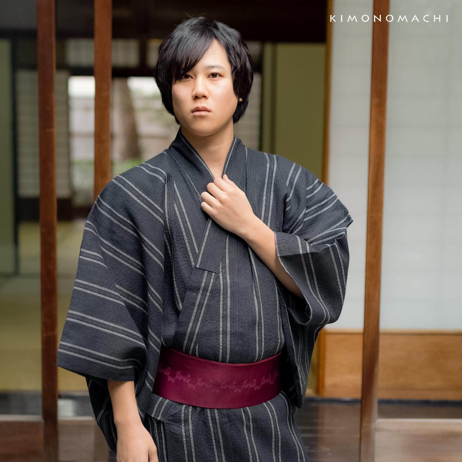 リサイクル糸使用男性浴衣：黒地灰白　金通縞